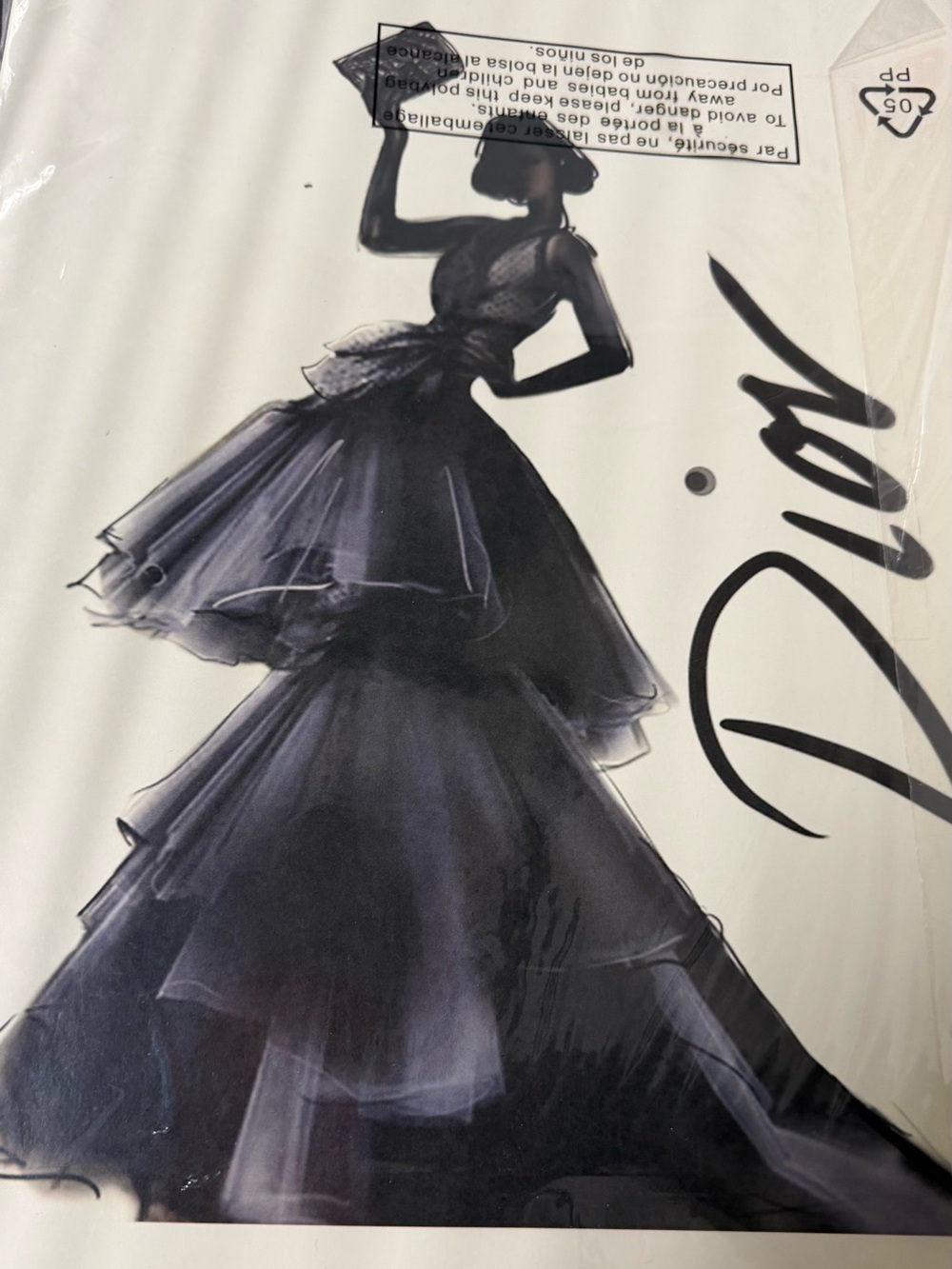 Christian Dior Elegant Black Tiered Ball Gown Illustration
